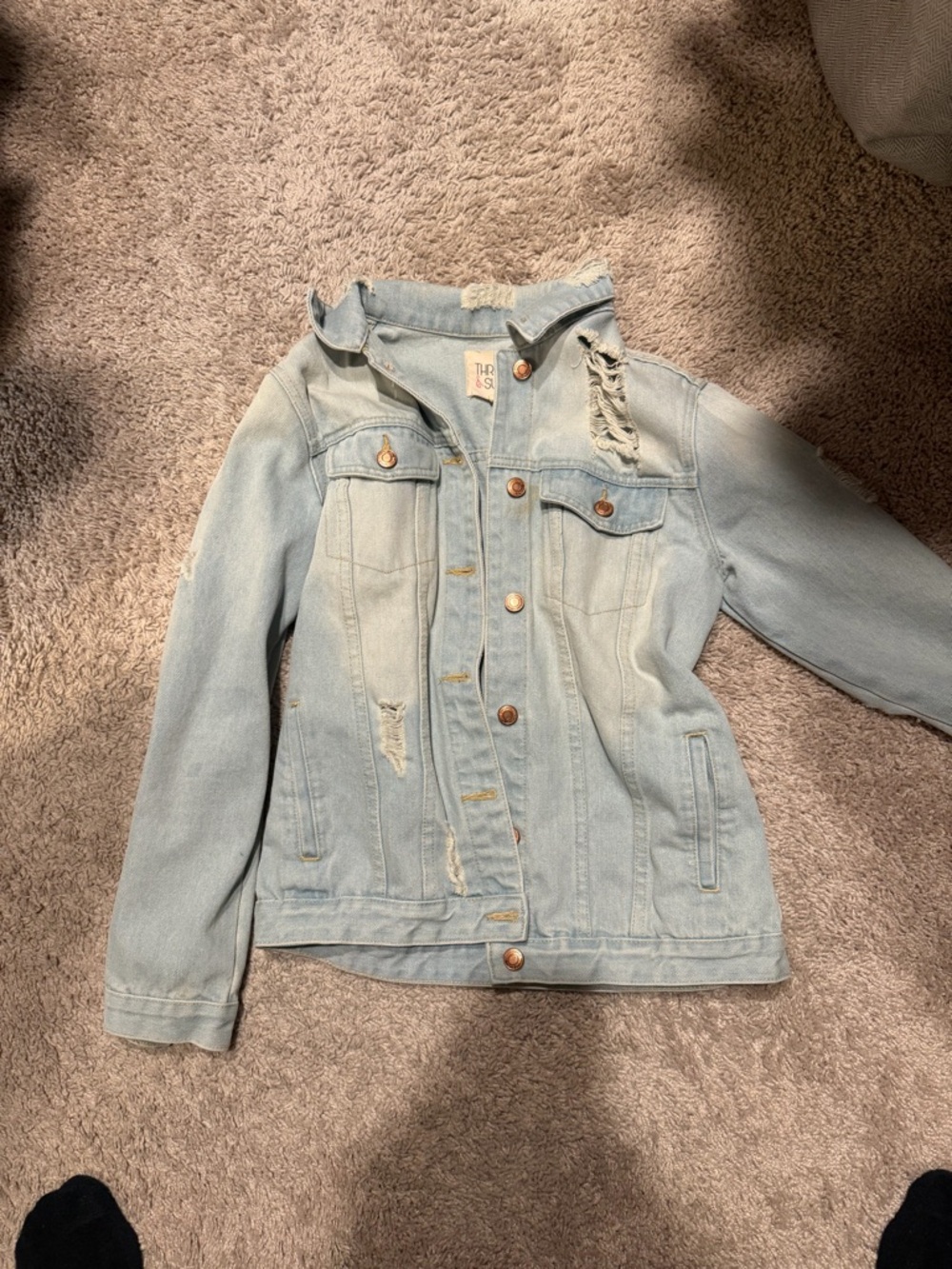 Womens jean jacket Thread & Supply Light Blue Distressed Denim Jacket